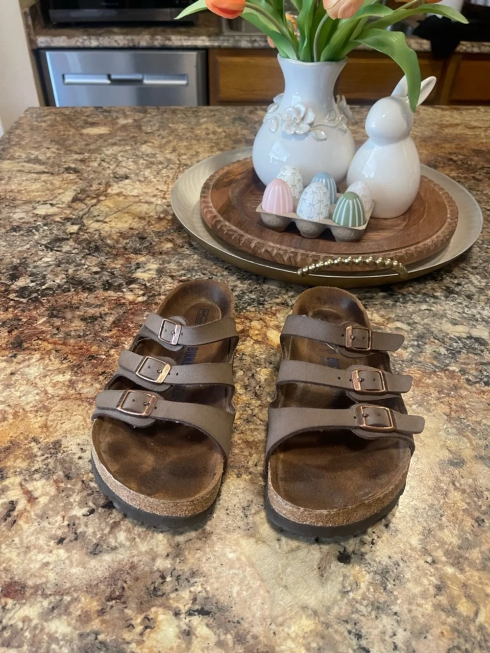 Birkenstock Brown Triple-Strap Suede Slide Sandals - Picture 3 of 6